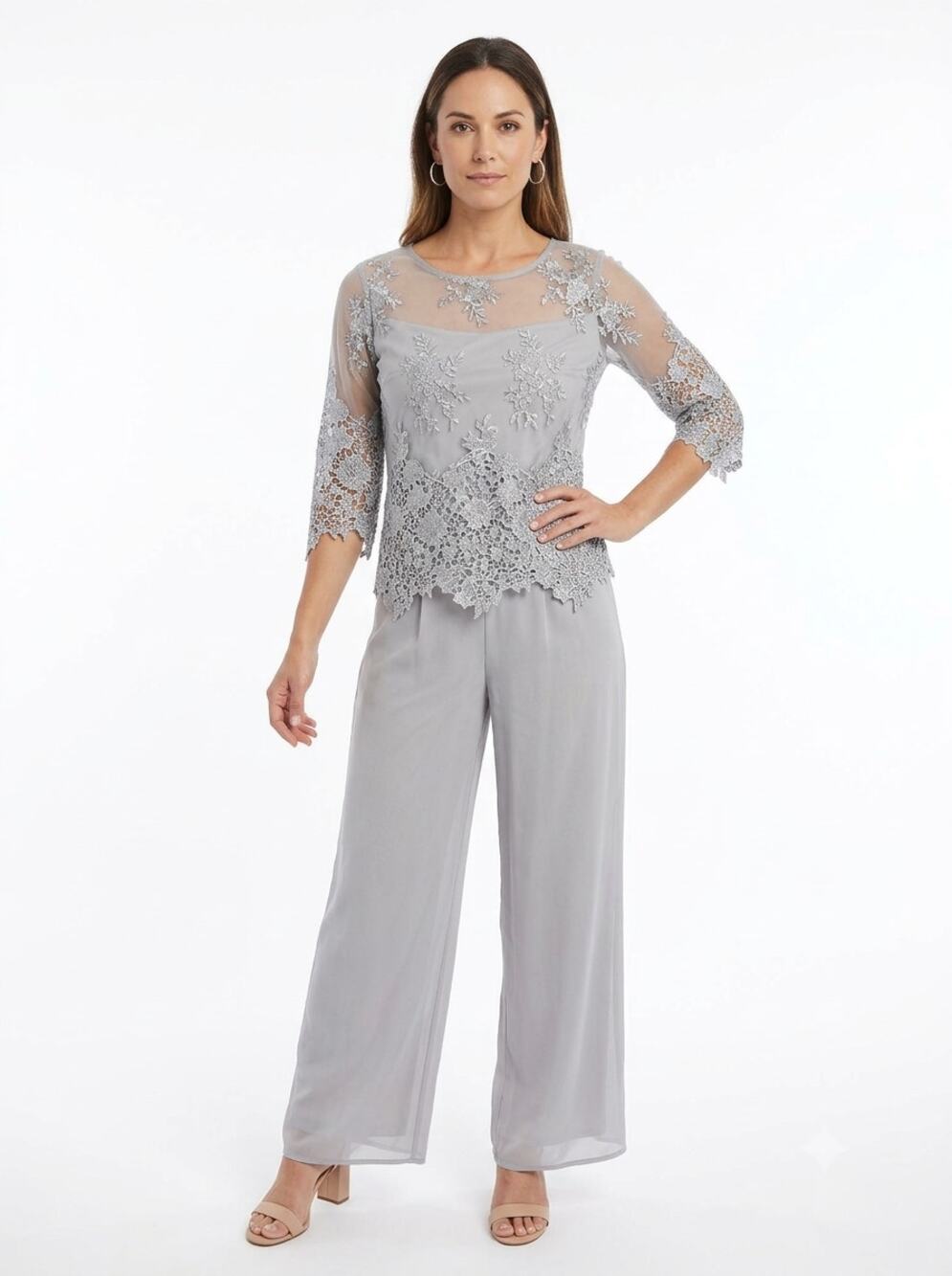Alex Evenings 2 Piece Pantsuit Set Women's PM Gray Lace Chiffon Evening Cocktail